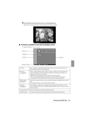 Page 81 Viewing EasyMP files - 79 EMP-715/505E  software.fm
3Press the [ESC] button when the preview is being displayed.
The preview will end and the screen will return to the list of files.
 Functions available on the file list display screen
[Execute] Shows a preview of the selected file. When a folder has been selected, the files con-
tained within that folder will be displayed.
[Preview]
 (see page 80
)When a scenario folder has been selected, a preview of the scenario image files con-
tained in that...