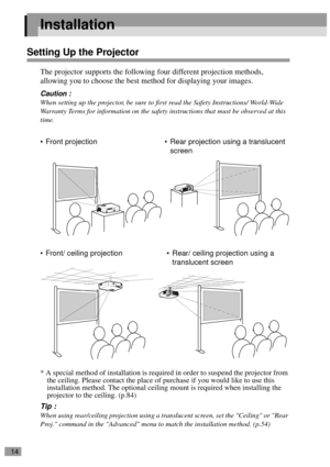 Page 1614
Installation
Setting Up the Projector
The projector supports the following four different projection methods, 
allowing you to choose the best method for displaying your images.
Caution :
When setting up the projector, be sure to first read the Safety Instructions/ World-Wide 
Warranty Terms for information on the safety instructions that must be observed at this 
time.
* A special method of installation is required in order to suspend the projector from 
the ceiling. Please contact the place of...