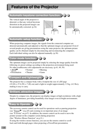 Page 42
Features of the Projector
Automatic keystone correction function
The vertical angle of the projector is 
detected, so that any vertical keystone 
distortion in the projected images can 
be automatically corrected. (p.34)
Compact and lightweight
The projector has a compact body with a footprint the size of a B5 page 
(19 (D) x 27.6 (W) x 7 (H) cm) and is light in weight (approximately 1.9 kg. (4.2 lbs)), 
making it easy to carry.
Color mode function
The optimum images can be projected simply by...