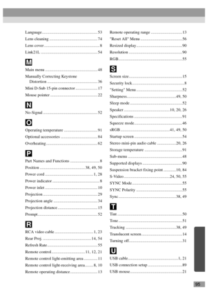 Page 9795
Language..................................................... 53
Lens cleaning .............................................. 74
Lens cover ..................................................... 8
Link21L ...................................................... 54
Main menu .................................................. 48
Manually Correcting Keystone 
Distortion ................................................ 36
Mini D-Sub 15-pin connector ..................... 17
Mouse pointer...