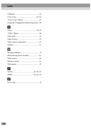 Page 9896
USB port ..................................................... 10
Users Logo ........................................... 44, 82
Users Logo Menu.................................... 53
Using the Configuration Menu Functions... 48
Video ..................................................... 50, 55
Video Menu ............................................. 48
Video port.................................................... 10
Video Source ............................................... 55
Video source...