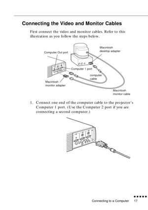 Page 37Connecting to a Computer
n  n  n  n  n  n
17
Connecting the Video and Monitor Cables
First connect the video and monitor cables. Refer to this 
illustration as you follow the steps below. 
1. Connect one end of the computer cable to the projector’s 
Computer 1 port. (Use the Computer 2 port if you are 
connecting a second computer.)
Macintosh 
desktop adapter
Macintosh 
monitor adapter
Macintosh 
monitor cable
computer 
cable Computer Out port
Computer 1 port 