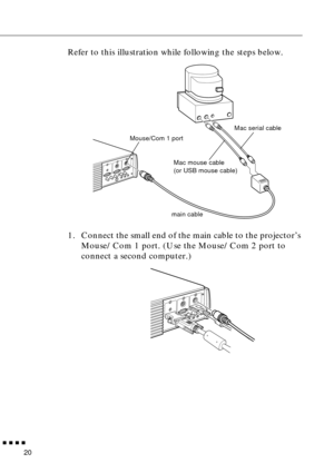 Page 40n  n  n  n  n
20
Refer to this illustration while following the steps below.   
1. Connect the small end of the main cable to the projector’s 
Mouse/Com 1 port. (Use the Mouse/Com 2 port to 
connect a second computer.)
Mouse/Com 1 port
Mac mouse cable
(or USB mouse cable)Mac serial cable
main cable 