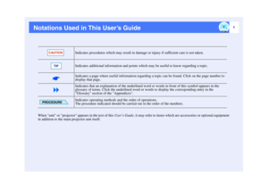Page 21
Notations Used in This User’s Guide
When unit or projector appears in the text of this User’s Guide, it may refer to items which are accessories or optional equipment 
in addition to the main projector unit itself.Indicates procedures which may result in damage or injury if sufficient care is not taken.
Indicates additional information and points which may be useful to know regarding a topic.
Indicates a page where useful information regarding a topic can be found. Click on the page number to 
display...