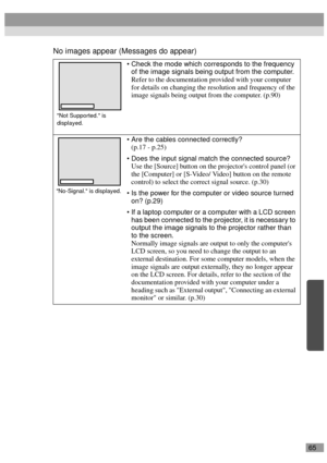 Page 6765
No images appear (Messages do appear)
Check the mode which corresponds to the frequency 
of the image signals being output from the computer.
Refer to the documentation provided with your computer 
for details on changing the resolution and frequency of the 
image signals being output from the computer. (p.90)
Are the cables connected correctly?
(p.17 - p.25)
Does the input signal match the connected source?
Use the [Source] button on the projectors control panel (or 
the [Computer] or [S-Video/...