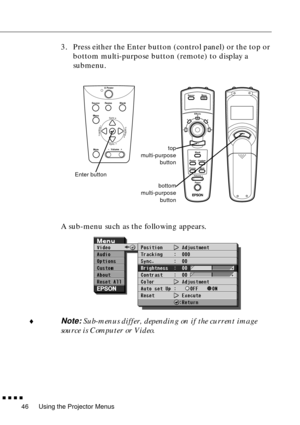 Page 66Using the Projector Menus
  n  n  n  n
46
3. Press either the Enter button (control panel) or the top or 
bottom multi-purpose button (remote) to display a 
submenu. 
A sub-menu such as the following appears.
¨
Note: Sub-menus differ, depending on if the current image 
source is Computer or Video.
Power
Blank Source
Resize
Menu
MuteVolumeSync.
Sync.
TrackingTracking
Menu
1
24
5
3
- Volume +
Power Source
Effects
ResizeBlank
Custom
Freeze
Mute
bottom
multi-purpose
buttontop
multi-purpose
button
Enter button 