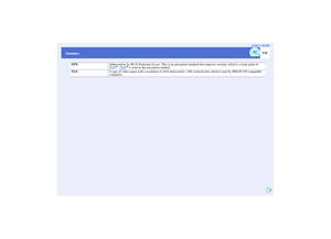 Page 113112
GlossaryUser’s Guide
WPA
Abbreviation for Wi-Fi Protected Access. This is an encryption standard that improves security which is a weak point of 
WEP
g. TKIP
g is used as the encryption method.
XGA
A type of video signal with a resolution of 1024 (horizontal) × 768 (vertical) dots which is used by IBM PC/AT-compatible 
computers. 