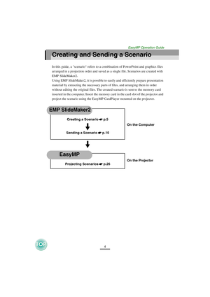 Page 54
EasyMP Operation Guide
Creating and Sending a Scenario
In this guide, a scenario refers to a combination of PowerPoint and graphics files 
arranged in a projection order and saved as a single file. Scenarios are created with 
EMP SlideMaker2. 
Using EMP SlideMaker2, it is possible to easily and efficiently prepare presentation 
material by extracting the necessary parts of files, and arranging them in order 
without editing the original files. The created scenario is sent to the memory card 
inserted...