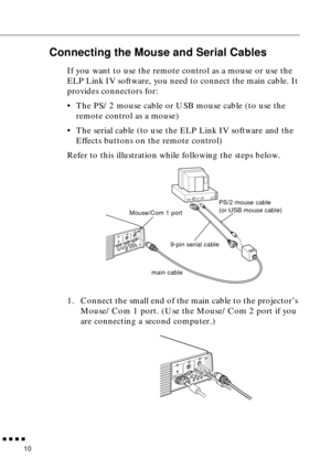 Page 30n  n  n  n  n
10
Connecting the Mouse and Serial Cables
If you want to use the remote control as a mouse or use the 
ELP Link IV software, you need to connect the main cable. It 
provides connectors for:
• The PS/2 mouse cable or USB mouse cable (to use the 
remote control as a mouse)
• The serial cable (to use the ELP Link IV software and the 
Effects buttons on the remote control)
Refer to this illustration while following the steps below. 
1. Connect the small end of the main cable to the projector’s...