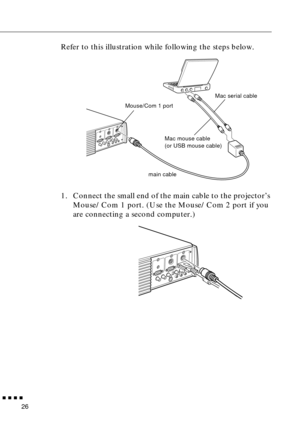 Page 46n  n  n  n  n
26
Refer to this illustration while following the steps below. 
1. Connect the small end of the main cable to the projector’s 
Mouse/Com 1 port. (Use the Mouse/Com 2 port if you 
are connecting a second computer.)
Mac serial cable
Mouse/Com 1 port
main cableMac mouse cable
(or USB mouse cable) 