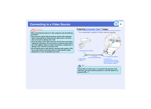 Page 2524
User’s Guide
Connecting to a Video Source
Projecting Composite Video
g Images
Use a commercially- available A/V cable to make the connection.
CAUTION
When connecting the projector to video equipment, take the following 
precautions.
 Turn the power off for both the projector and the video equipment 
before connecting them. If the power for either device is on at the 
time of connection, damage may result.
 Check the shapes of the cable connectors and the device ports before 
making the connections....