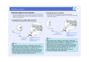 Page 1817
Connecting to a ComputerProjecting Images from the Computer
The shape and specifications of the computers monitor port will determine 
what type of cable should be used. Check the following to see which type 
of port your computer has.
Use the accessory computer cable to make the connection. Some workstation-type computers have a 13w3 monitor port.
In such cases, use a commercially-available 13w3 
⇔ D-Sub 15-pin cable 
to make the connection.If the Monitor Port is a Mini D-Sub 15-pin Port
Computer...