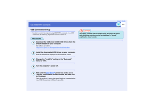 Page 115114
List of ESC/VP21 CommandsUser’s GuideUSB Connection Setup
In order to control the projector using ESC/VP21 commands via a USB 
connection, the following preparations must be carried out.PROCEDURE
Download the USB driver (USB-COM Driver) from the 
EPSON website to your computer.
The URL is as follows.
 http://www.epson.co.uk/support/download/index.htm
.
Install the downloaded USB driver on your computer.
Read the instructions displayed on the download screen.Change the Link 21L setting in the Extended...