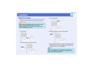 Page 1615
User’s Guide
InstallationSetting Up the Projector
The projector supports the following four different projection methods, 
allowing you to choose the best method for displaying your images.
* A special method of installation is required for suspending the projector 
from the ceiling. Please contact your supplier if you would like to use 
this installation method. The optional ceiling mount is required when 
installing the projector on the ceiling. sp.108
CAUTION
 Before setting up the projector, make...