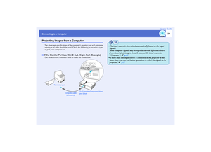 Page 22
21
Connecting to a ComputerUser’s GuideProjecting Images from a Computer
The shape and specifications of the co
mputers monitor port will determine 
what type of cable should be used. Ch eck the following to see which type 
of port your computer has.
Use the accessory computer cab le to make the connection.If the Monitor Port is a Mini D-Sub 15-pin Port (Example)
Computer cable 
(accessory)
To monitor port
To [Computer/Component Video]  
port (blue)
TIP
 The input source is determined automatically...