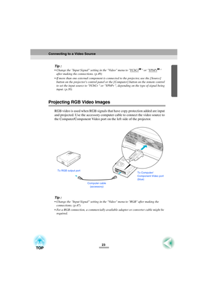 Page 2523
Tip :
 Change the Input Signal setting in the Video menu to YCbCr or YPbPr 
after making the connections. (p.49)
 If more than one external component is connected to the projector, use the [Source] 
button on the projectors control panel or the [Computer] button on the remote control 
to set the input source to YCbCr  or YPbPr , depending on the type of signal being 
input. (p.30)
Projecting RGB Video Images
RGB video is used when RGB signals that have copy protection added are input 
and projected....