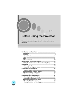 Page 97
Before Using the Projector
This chapter describes the procedures for setting up the projector 
before use.
Part Names and Functions ................................................. 8
• Front/Top ................................................................................................ 8
 Left Side .................................................................................................. 9
 Control...