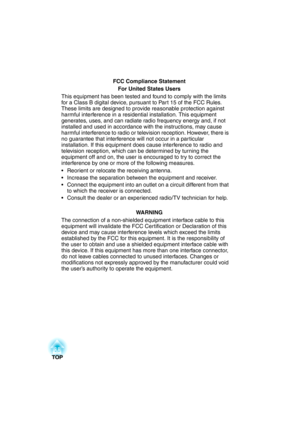 Page 98FCC Compliance Statement
For United States Users
This equipment has been tested and found to comply with the limits 
for a Class B digital device, pursuant to Part 15 of the FCC Rules. 
These limits are designed to provide reasonable protection against 
harmful interference in a residential installation. This equipment 
generates, uses, and can radiate radio frequency energy and, if not 
installed and used in accordance with the instructions, may cause 
harmful interference to radio or television...