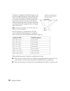 Page 1212Using the Projector
To project a rectangular (non-distored) image, you do 
not need to align the projector exactly with the center 
of the screen. By using the horizontal lens shift dial, 
you can place the projector to the left or right of the 
screen’s center, by up to 25 percent of the image’s 
width when projecting with a 16:9 aspect ratio. Make 
sure the projector faces straight ahead (at a 90-degree 
angle to the screen). 
Note: If you place the projector too far left or right, your 
image will...