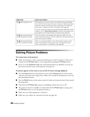 Page 5656Problem Solving
Solving Picture Problems
You cannot turn on the projector.
■Make sure the power cord is connected and the power switch is turned on. Then wait a 
moment for the P
Power light to turn orange before pressing the PPower button.
■If you’ve set the Operation Lock, the control panel buttons are disabled; you must use 
the remote control to turn on the projector (see page 32).
No picture appears on the screen or you see the 
No Signal message displayed.
■Press the Source button on the...
