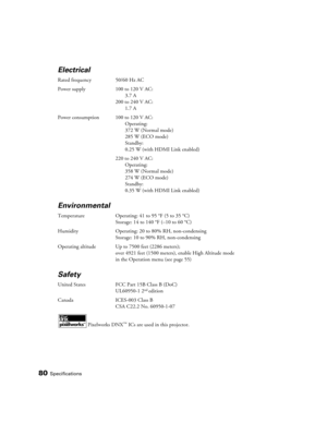 Page 8080Specifications
Electrical
Rated frequency 50/60 Hz AC
Power supply 100 to 120 V AC:
3.7 A 
200 to 240 V AC:
1.7 A 
Power consumption 100 to 120 V AC:
Operating: 
372 W (Normal mode)
285 W (ECO mode)
Standby: 
0.25 W (with HDMI Link enabled)
220 to 240 V AC:
Operating: 
358 W (Normal mode)
274 W (ECO mode)
Standby: 
0.35 W (with HDMI Link enabled)
Environmental
Temperature Operating: 41 to 95 °F (5 to 35 °C)
Storage: 14 to 140 °F (–10 to 60 °C)
Humidity Operating: 20 to 80% RH, non-condensing
Storage:...