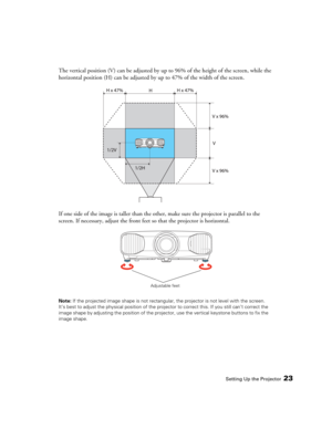 Page 23Setting Up the Projector23
The vertical position (V) can be adjusted by up to 96% of the height of the screen, while the 
horizontal position (H) can be adjusted by up to 47% of the width of the screen.
If one side of the image is taller than the other, make sure the projector is parallel to the 
screen. If necessary, adjust the front feet so that the projector is horizontal.
Note: If the projected image shape is not rectangular, the projector is not level with the screen. 
It’s best to adjust the...