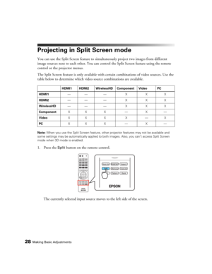 Page 2828Making Basic Adjustments
Projecting in Split Screen mode
You can use the Split Screen feature to simultaneously project two images from different 
image sources next to each other. You can control the Split Screen feature using the remote 
control or the projector menus.
The Split Screen feature is only available with certain combinations of video sources. Use the 
table below to determine which video source combinations are available.
Note: When you use the Split Screen feature, other projector...