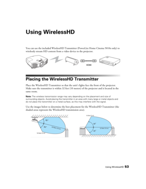 Page 53Using WirelessHD53
Using WirelessHD
You can use the included WirelessHD Transmitter (PowerLite Home Cinema 5010e only) to 
wirelessly stream HD content from a video device to the projector. 
Placing the WirelessHD Transmitter
Place the WirelessHD Transmitter so that the unit’s lights face the front of the projector. 
Make sure the transmitter is within 32 feet (10 meters) of the projector and is located in the 
same room. 
Note: The wireless transmission range may vary depending on the placement and size...