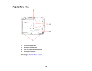 Page 18

Projector
Parts-Base
 1
 Front
adjustable foot
 2
 Mounting
bracketholes
 3
 Security
cableattachment point
 4
 Rear
adjustable feet
 Parent
topic:Projector PartLocations
 18  