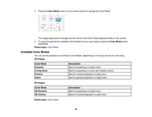 Page 64

3.
Press theColor Mode button onthe remote controltochange theColor Mode.
 The
image appearance changesandthename ofthe Color Mode appears brieflyonthe screen.
 4.
Tocycle through allthe available ColorModes foryour input signal, presstheColor Mode button
 repeatedly.

Parent
topic:ColorMode
 Available
ColorModes
 You
cansetthe projector touse these ColorModes, depending onthe input source youareusing:
 2D
Images
 Color
Mode
 Description

Dynamic
 Best
forprojecting inabright room
 Living
Room
 Best...