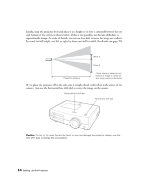 Page 1414Setting Up the Projector
Ideally, keep the projector level and place it at a height so its lens is centered between the top 
and bottom of the screen, as shown below. If this is not possible, use the lens shift dials to 
reposition the image. As a rule of thumb, you can use lens shift to move the image up or down 
by nearly its full height, and left or right by about one-half its width (for details, see page 26).
If you place the projector off to the side, aim it straight ahead (rather than at the...