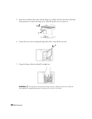 Page 5454Maintenance
5. Insert the screwdriver that came with the lamp (or a similar tool) into the slot on the back 
of the projector to release the lamp cover. Then lift up the cover to remove it.
6. Loosen the two screws securing the lamp (they don’t come all the way out).
7. Grasp the lamp as shown and pull it straight out.
WARNING:  The lamp(s) in this product contain mercury. Please consult your state and 
local regulations regarding disposal or recycling. Do not put in the trash. 