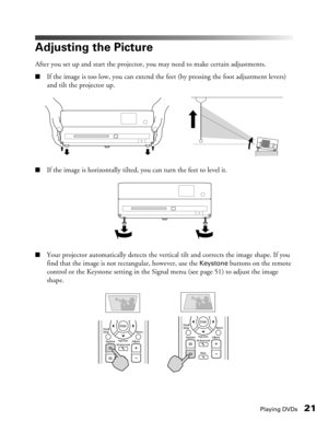 Page 21
Playing DVDs21
Adjusting the Picture
After you set up and start the projector, you may need to make certain adjustments.
■If the image is too low, you can extend the feet (by pressing the foot adjustment levers) 
and tilt the projector up.
■If the image is horizontally tilted, you can turn the feet to level it.
■Your projector automatically detects the vertical  tilt and corrects the image shape. If you 
find that the image is not rectangular, however, use the 
Keystone buttons on the remote 
control or...