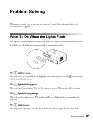 Page 61
Problem Solving61
Problem Solving
This section explains how to interpret the projector’s status lights, solve problems, and 
contact technical support.
What To Do When the Lights Flash
The lights on top of the projector indicate its status and let you know when a problem occurs.
If all lights are off, make sure the power cable is connected correctly.
The   light is orange.
The projector is in sleep mode. Press the   button on the projector or the   button on the 
remote control to turn it on.
The  light...