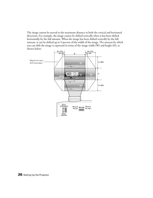 Page 26
26Setting Up the Projector
The image cannot be moved to the maximum distance in both the vertical and horizontal 
directions. For example, the image cannot be sh ifted vertically when it has been shifted 
horizontally by the full amount. When the image has been shifted vertically by the full 
amount, it can be shifted up to 9 percent of  the width of the image. The amount by which 
you can shift the image is expressed in terms  of the image width (W) and height (H), as 
shown below:  
H
H
H
Move...