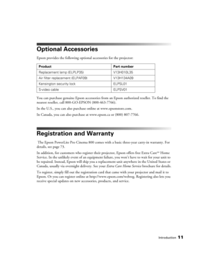 Page 11Introduction11
Optional Accessories
Epson provides the following optional accessories for the projector:
You can purchase genuine Epson accessories from an Epson authorized reseller. To find the 
nearest reseller, call 800-GO-EPSON (800-463-7766).
In the U.S., you can also purchase online at www.epsonstore.com.
In Canada, you can also purchase at www.epson.ca or (800) 807-7766.
Registration and Warranty
 The Epson PowerLite Pro Cinema 800 comes with a basic three-year carry-in warranty. For 
details, see...