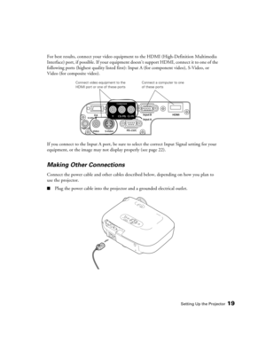 Page 19Setting Up the Projector19
For best results, connect your video equipment to the HDMI (High-Definition Multimedia 
Interface) port, if possible. If your equipment doesn’t support HDMI, connect it to one of the 
following ports (highest quality listed first): Input A (for component video), S-Video, or 
Video (for composite video). 
If you connect to the Input A port, be sure to select the correct Input Signal setting for your 
equipment, or the image may not display properly (see page 22).
Making Other...