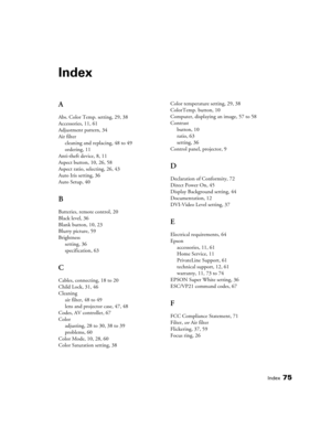 Page 75Index75
Index
A
Abs. Color Temp. setting, 29, 38
Accessories, 11, 61
Adjustment pattern, 34
Air filter
cleaning and replacing, 48 to 49
ordering, 11
Anti-theft device, 8, 11
Aspect button, 10, 26, 58
Aspect ratio, selecting, 26, 43
Auto Iris setting, 36
Auto Setup, 40
B
Batteries, remote control, 20
Black level, 36
Blank button, 10, 23
Blurry picture, 59
Brightness
setting, 36
specification, 63
C
Cables, connecting, 18 to 20
Child Lock, 31, 46
Cleaning
air filter, 48 to 49
lens and projector case, 47,...