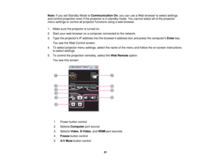 Page 61

Note:
Ifyou setStandby ModetoCommunication On,you canuseaWeb browser toselect settings
 and
control projection evenifthe projector isin standby mode.Youcannot selectallofthe projector
 menu
settings orcontrol allprojector functions usingaweb browser.
 1.
Make suretheprojector isturned on.
 2.
Start yourwebbrowser onacomputer connected tothe network.
 3.
Type theprojectors IPaddress intothebrowsers addressboxand press thecomputers Enterkey.
 You
seetheWeb Control screen.
 4.
Toselect projector...