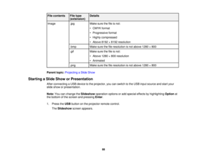 Page 88

File
contents
 File
type
 Details

(extension)

Image
 .jpg
 Make
surethefileisnot:
 •
CMYK format
 •
Progressive format
 •
Highly compressed
 •
Above 8192×8192 resolution
 .bmp
 Make
surethefileresolution isnot above 1280×800
 .gif
 Make
surethefileisnot:
 •
Above 1280×800 resolution
 •
Animated
 .png
 Make
surethefileresolution isnot above 1280×800
 Parent
topic:Projecting aSlide Show
 Starting
aSlide Show orPresentation
 After
connecting aUSB device tothe projector, youcanswitch tothe USB input...