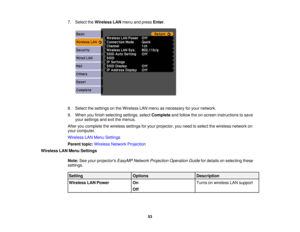 Page 53

7.
Select theWireless LANmenu andpress Enter.
 8.
Select thesettings onthe Wireless LANmenu asnecessary foryour network.
 9.
When youfinish selecting settings,selectComplete andfollow theon-screen instructions tosave
 your
settings andexitthemenus.
 After
youcomplete thewireless settingsforyour projector, youneed toselect thewireless networkon
 your
computer.
 Wireless
LANMenu Settings
 Parent
topic:Wireless NetworkProjection
 Wireless
LANMenu Settings
 Note:
Seeyour projectors EasyMPNetworkProjection...