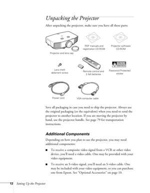 Page 1212Setting Up the Projector
Unpacking the Projector
After unpacking the projector, make sure you have all these parts: 
Save all packaging in case you need to ship the projector. Always use 
the original packaging (or the equivalent) when you need to send the 
projector to another location. If you are moving the projector by 
hand, use the projector handle. See page 79 for transportation 
instructions. 
Additional Components
Depending on how you plan to use the projector, you may need 
additional...