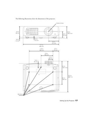 Page 17Setting Up the Projector17
The following illustrations show the dimensions of the projector:
5.4 in.
36 mmCenter of lens
2.8 in.
72 mm5.8 in.
148.3 mm
0.5 in.
2.3 mm
5.2 in.
131 mm
17.7 in.
450 mm 0.2 in.
4.5 mm
11.8 in.
300 mm
5.9 in.
150 mm3.0 in.
75 mm
2.2 in.
56 mm
1.8 in.
45 mm
5.3 in.
134.7 mm
6.3 in.
160 mm15.3 in.
389.7 m
m
M4 × 9 mm 