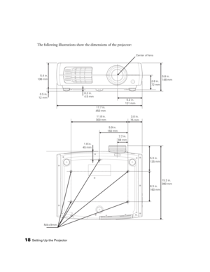 Page 1818Setting Up the Projector
The following illustrations show the dimensions of the projector:
5.4 in.
136 mmCenter of lens
2.8 in.
72 mm5.8 in.
148 mm
0.5 in.
12 mm
5.2 in.
131 mm
17.7 in.
450 mm 0.2 in.
4.5 mm
11.8 in.
300 mm
5.9 in.
150 mm3.0 in.
75 mm
2.2 in.
56 mm
1.8 in.
45 mm
5.3 in.
135 mm
6.3 in.
160 mm15.3 in.
390 mm
M4 × 9 mm 