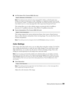 Page 39Making Detailed Adjustments39
■4-4 Pull-down (Pro Cinema 9500 UB only)
Note: This setting can be used only when viewing NTSC, M-PAL, or PAL60 signals input 
through the Video or S-Video ports, or 480i, 1080i/60Hz, or 1080p/24Hz signals input through 
the Component, HDMI1, or HDMI2 ports (see page 68). This setting cannot be used when the 
Color Mode is set to x.v.Color (see page 29) or with a signal input through the PC port.
This setting allows you to select whether images are projected with 4-4...