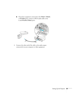 Page 33Setting Up the Projector33
■If you have equipment connected to the Video1, Video2, 
or 
S-Video ports, connect an RCA audio cable to the 
L and R Audio (Video) ports.
 
2. Connect the other end of the cable to the audio output 
connector(s) on your computer or video equipment.  