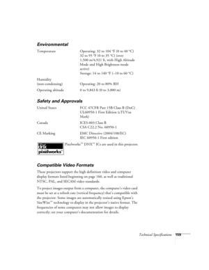 Page 159Technical Specifications159
Environmental
Temperature Operating: 32 to 104 °F (0 to 40 °C)
32 to 95 °F (0 to 35 °C) (over 
1,500 m/4,921 ft, with High Altitude 
Mode and High Brightness mode 
active)
Storage: 14 to 140 °F (–10 to 60 °C)
Humidity
(non-condensing) Operating: 20 to 80% RH
Operating altitude 0 to 9,843 ft (0 to 3,000 m)
Safety and Approvals
United States FCC 47CFR Part 15B Class B (DoC)
UL60950-1 First Edition (cTUVus 
Mark)
Canada ICES-003 Class B
CSA C22.2 No. 60950-1
CE Marking EMC...