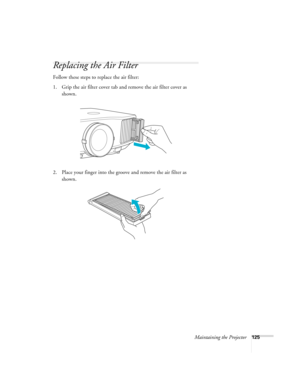 Page 125Maintaining the Projector125
Replacing the Air Filter
Follow these steps to replace the air filter:
1. Grip the air filter cover tab and remove the air filter cover as 
shown.
2. Place your finger into the groove and remove the air filter as 
shown. 