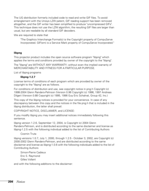 Page 204204Notices
The IJG distribution formerly included code to read and write GIF files. To avoid 
entanglement with the Unisys LZW patent, GIF reading support has been removed 
altogether, and the GIF writer has been simplified to produce uncompressed GIFs. 
This technique does not use the LZW algorithm; the resulting GIF files are larger than 
usual, but are readable by all standard GIF decoders.
We are required to state that
The Graphics Interchange Format(c) is the Copyright property of CompuServe...