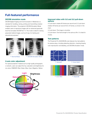 Page 3   Normal Mode   dicoM Simulation Mode
Improved video with 3:2 and 2:2 pull-down 
options
3-2 pull-down creates 60 frames per second and 2-2 pull-down 
creates 48 frames per second from 24 frames, as shown in the 
chart.  
3-2 pull-down: the image is smoother. 
2-2 pull-down: one frame length is the same as film. it is ideal for 
movies.
Test patterns
the Powerlite Pro G5450WuNl also features four test patterns 
for precise setup, including detecting distortion, checking linearity, 
color reproduction...